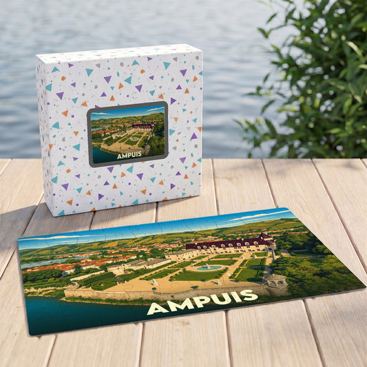 Puzzle souvenir de la ville d'Ampuis avec une illustration stylisée d'un château et de ses jardins.