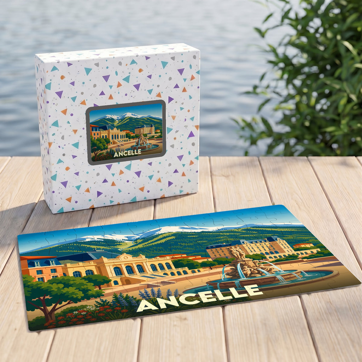 Puzzle souvenir de la ville d'Ancelle avec une illustration stylisée de ses paysages et monuments.