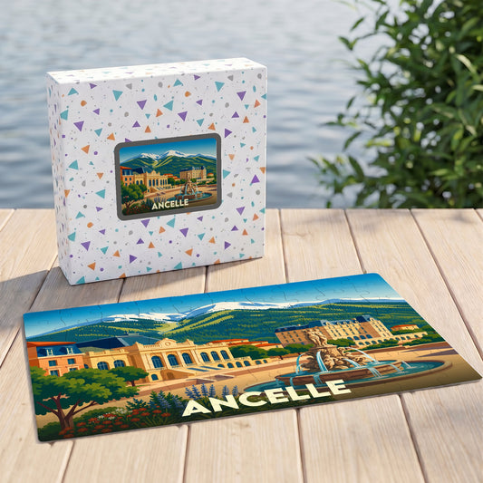 Puzzle souvenir de la ville d'Ancelle avec une illustration stylisée de ses paysages et monuments.