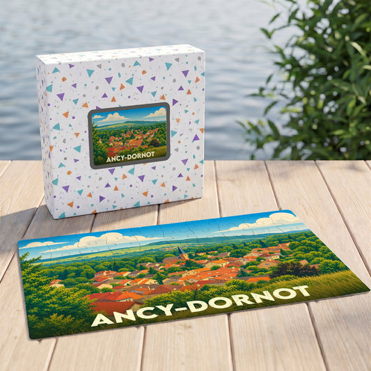 Puzzle souvenir de la ville d'Ancy-Dornot avec une illustration paysagère colorée et sa boîte assortie.