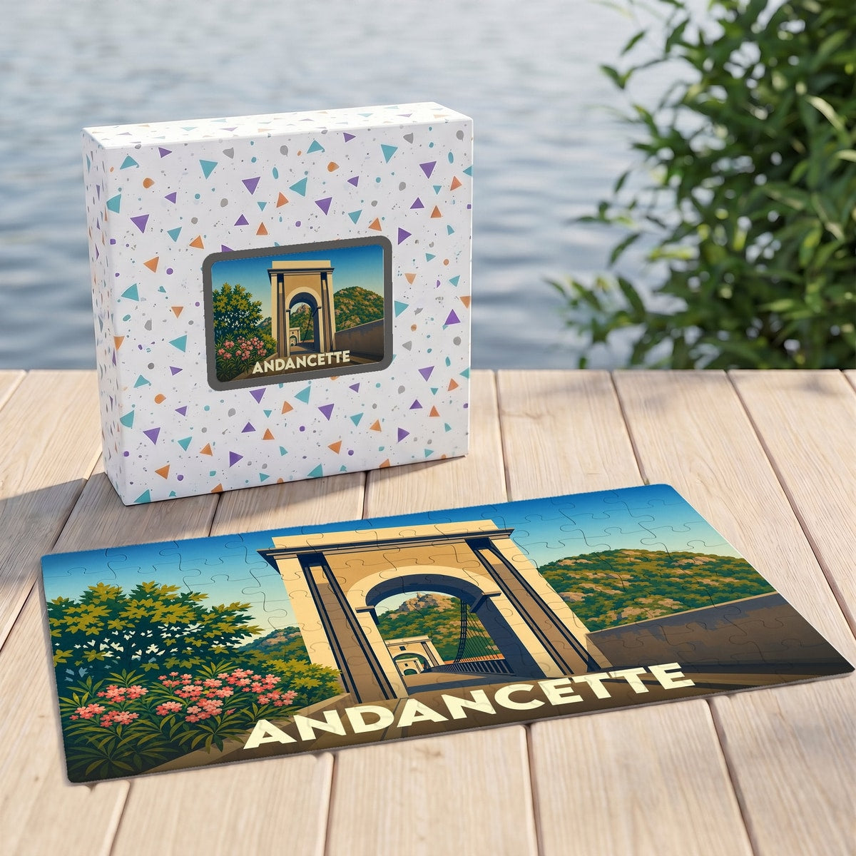 Puzzle souvenir de la ville d'Andancette avec une illustration stylisée d'un pont historique.