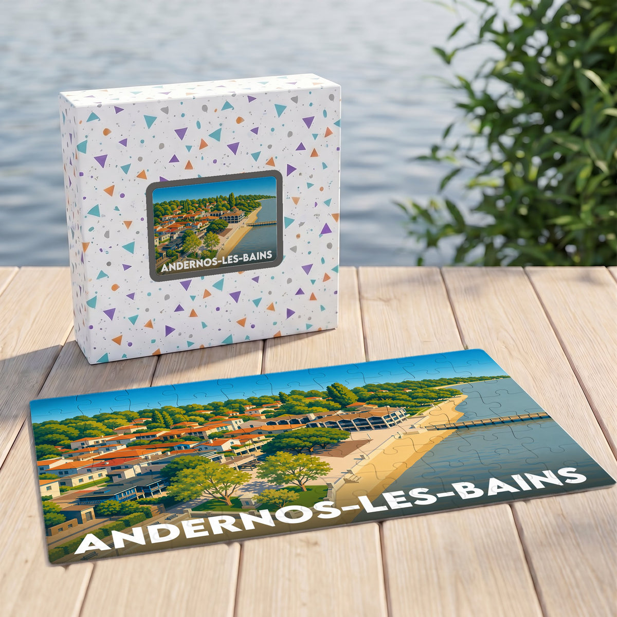 Puzzle souvenir de la ville de Andernos-les-Bains avec une illustration stylisée du bord de mer.