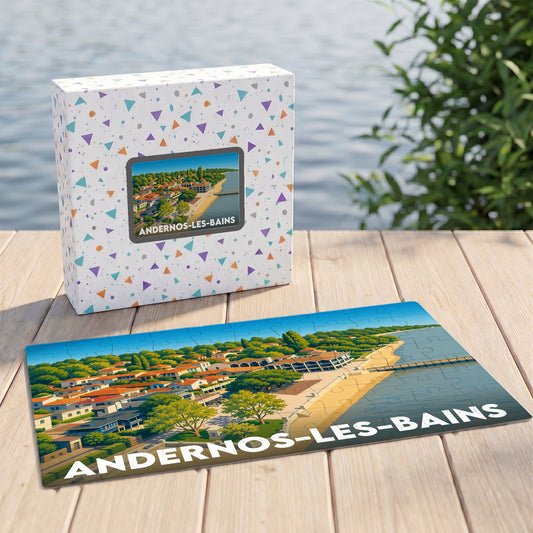 Puzzle souvenir de la ville de Andernos-les-Bains avec une illustration stylisée du bord de mer.