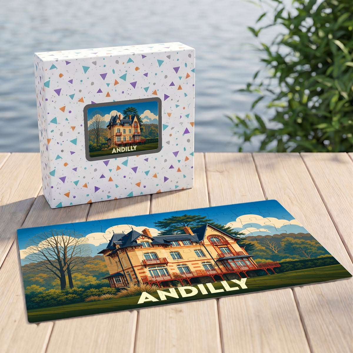 Puzzle souvenir de la ville d'Andilly avec une illustration colorée d'une demeure bourgeoise.