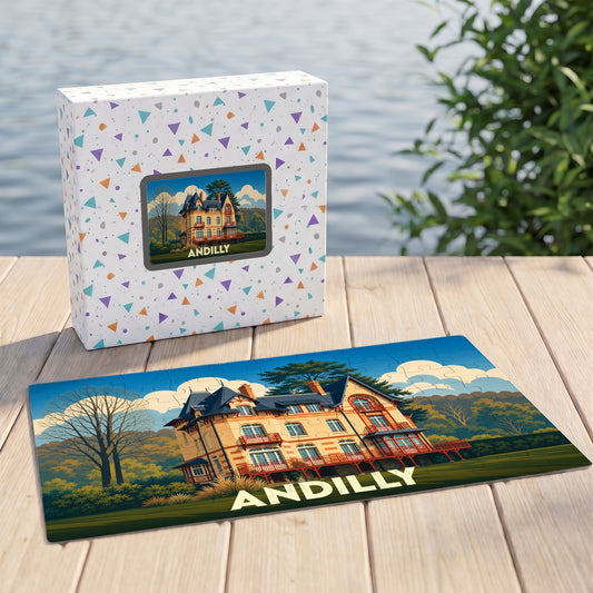 Puzzle souvenir de la ville d'Andilly avec une illustration colorée d'une demeure bourgeoise.