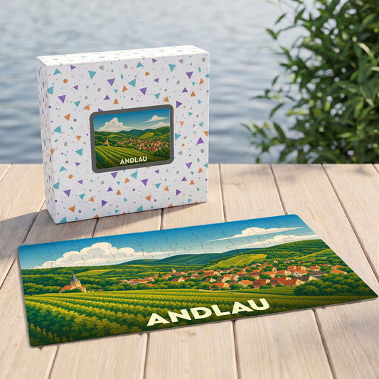 Puzzle souvenir de la ville de Andlau avec une illustration stylisée de son vignoble.