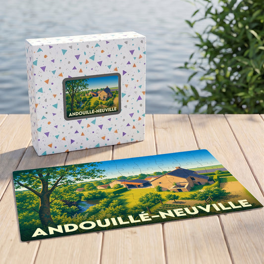 Puzzle souvenir de la ville d'Andouillé-Neuville avec une illustration stylisée de son paysage rural.