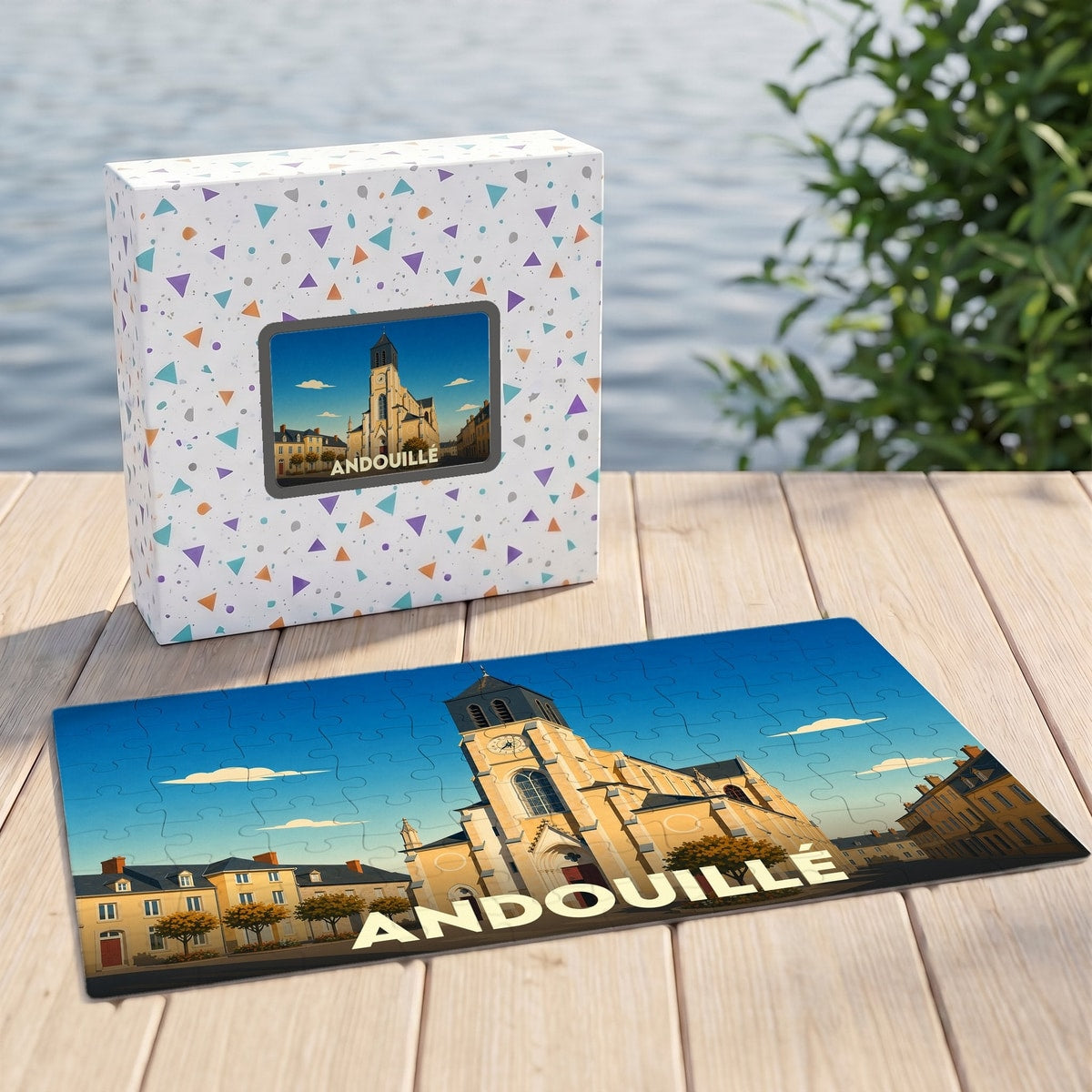 Puzzle souvenir de la ville d'Andouillé avec une illustration stylisée de son église.