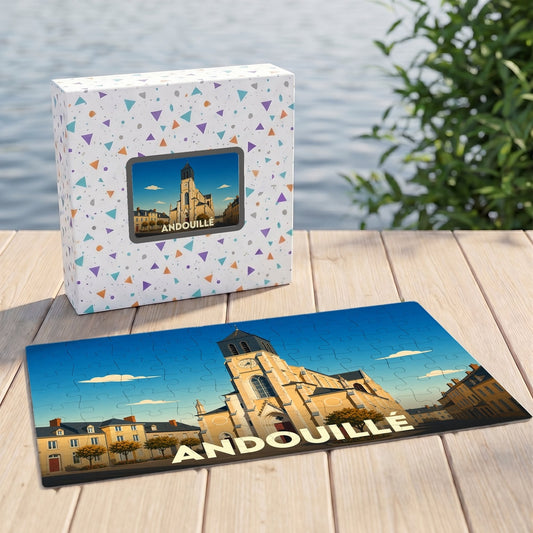 Puzzle souvenir de la ville d'Andouillé avec une illustration stylisée de son église.