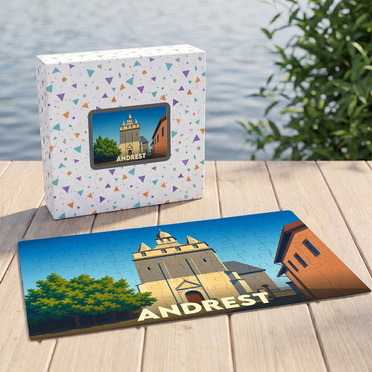 Puzzle souvenir de la ville d'Andrest avec une illustration stylisée d'un monument historique.