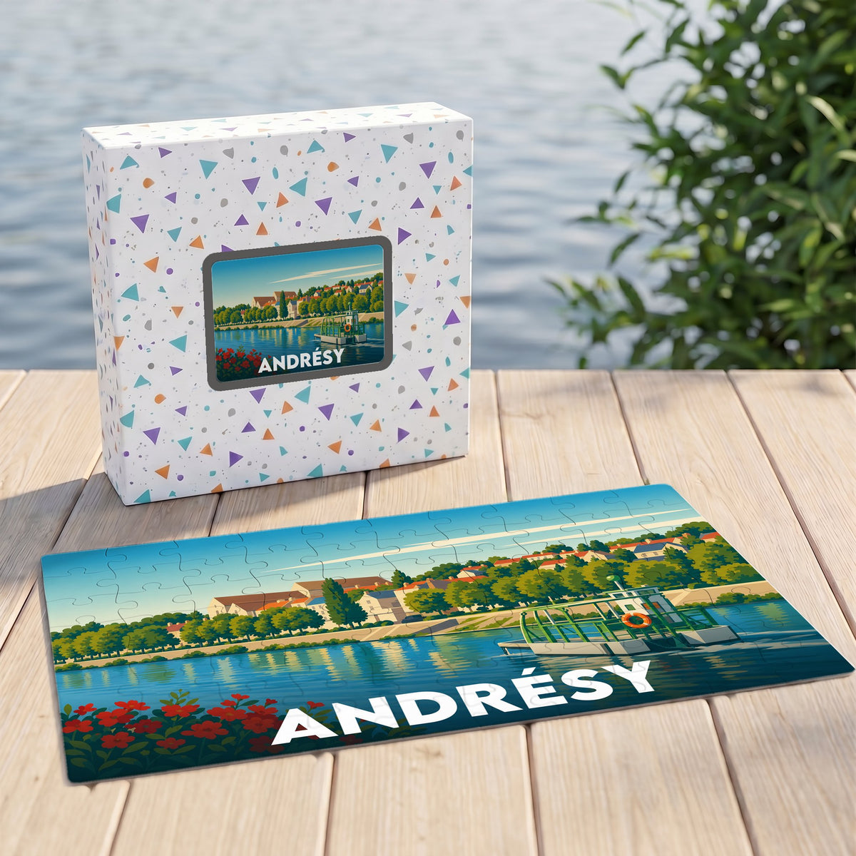 Puzzle souvenir de la ville d'Andrésy avec une illustration stylisée des bords de Seine.