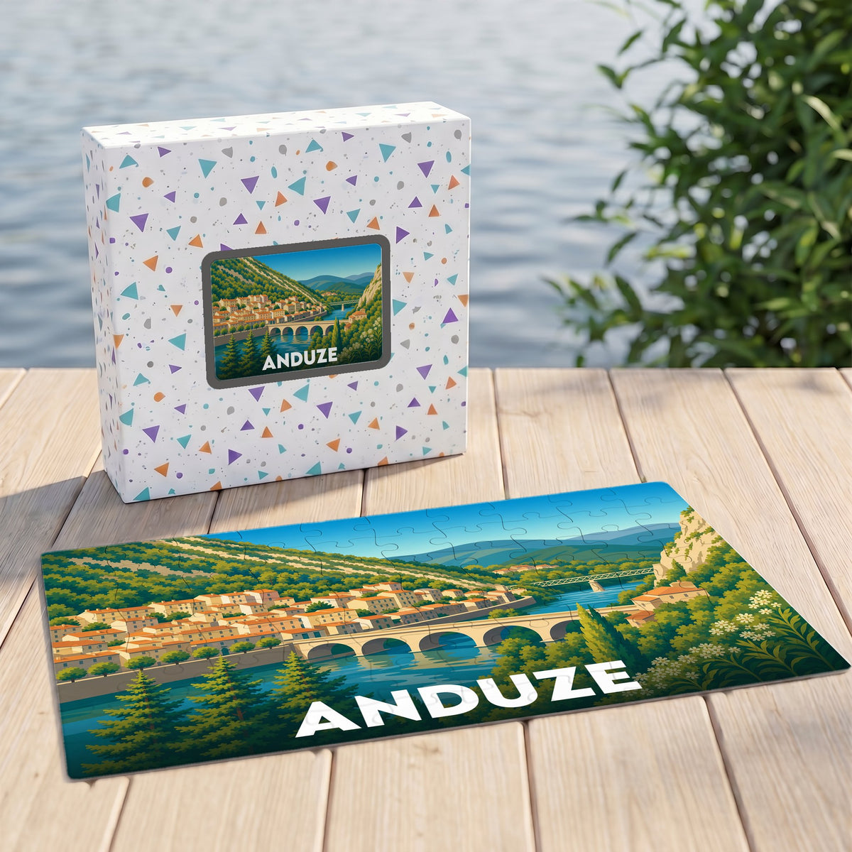 Puzzle souvenir de la ville d'Anduze présentant une illustration stylisée de son célèbre pont et du paysage environnant.