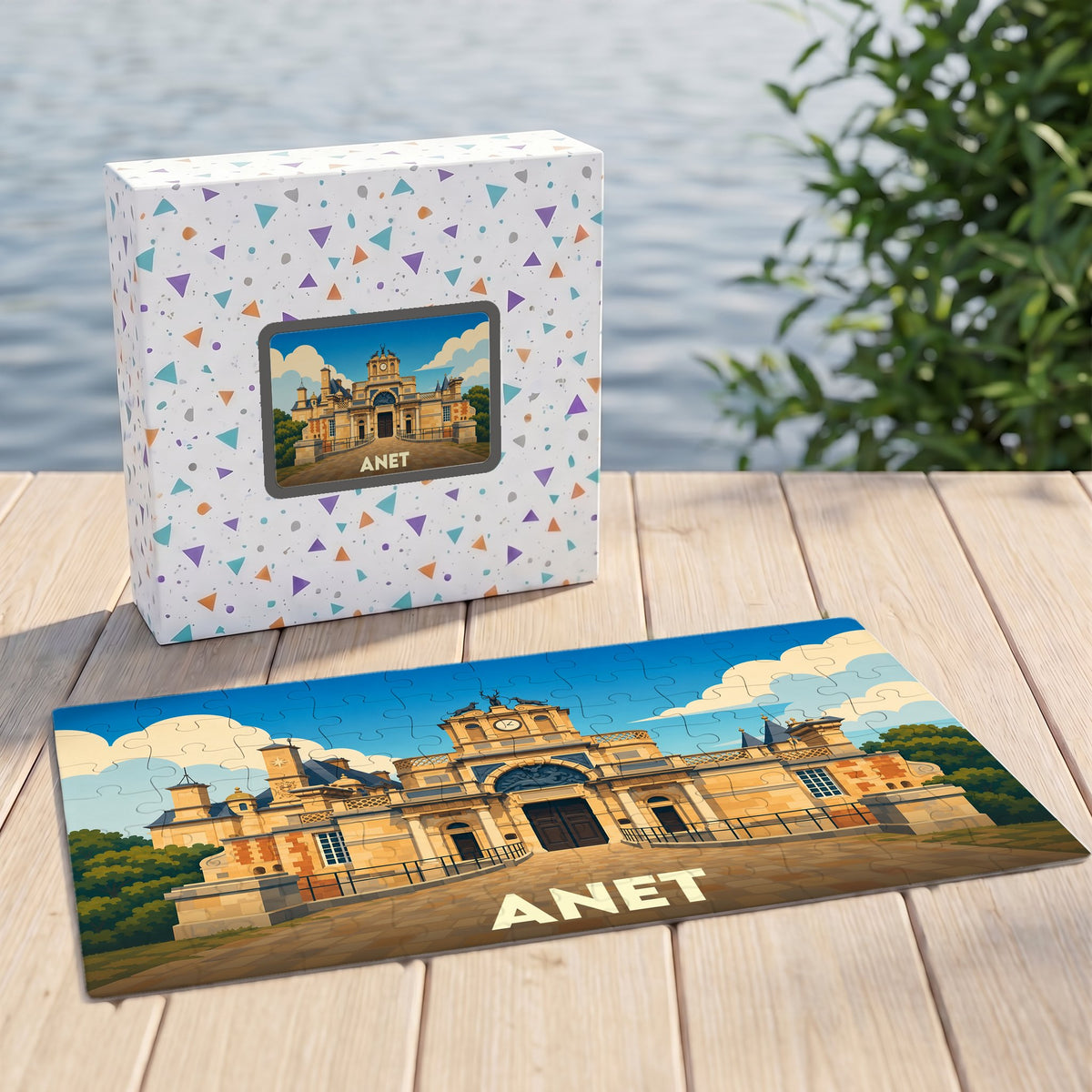 Puzzle souvenir de la ville d'Anet avec une illustration stylisée de son château.