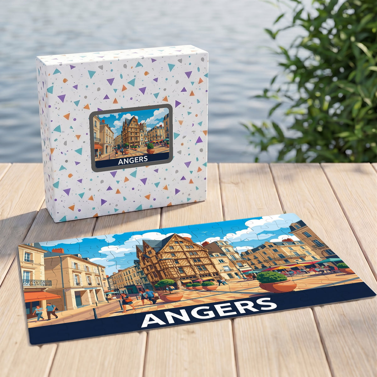 Puzzle souvenir de la ville d'Angers avec une illustration stylisée et colorée de son centre historique.