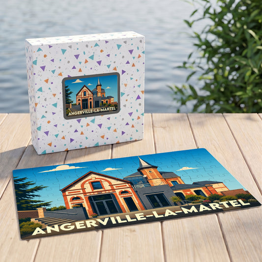 Puzzle souvenir de la ville d'Angerville-la-Martel avec une illustration stylisée d'un bâtiment remarquable.