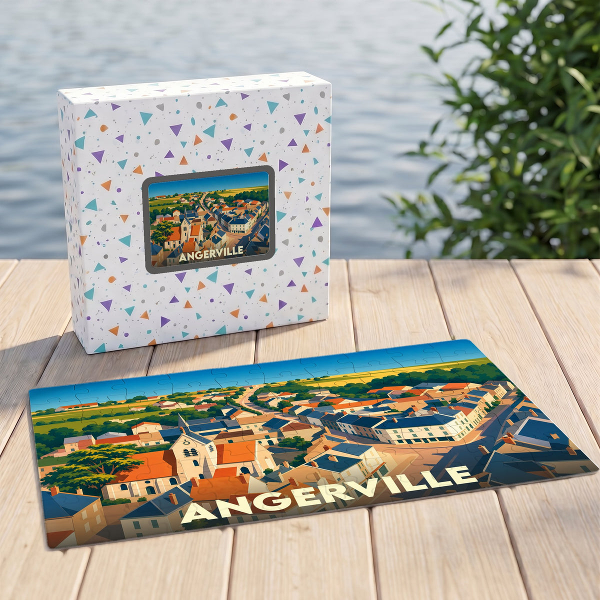 Puzzle souvenir de la ville d'Angerville avec une illustration stylisée d'un paysage urbain.