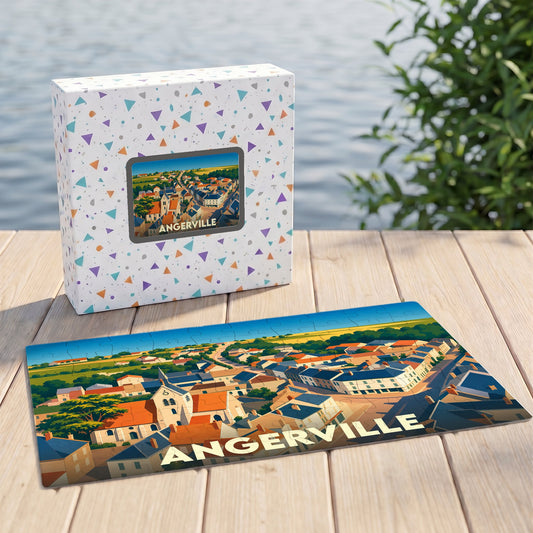 Puzzle souvenir de la ville d'Angerville avec une illustration stylisée d'un paysage urbain.