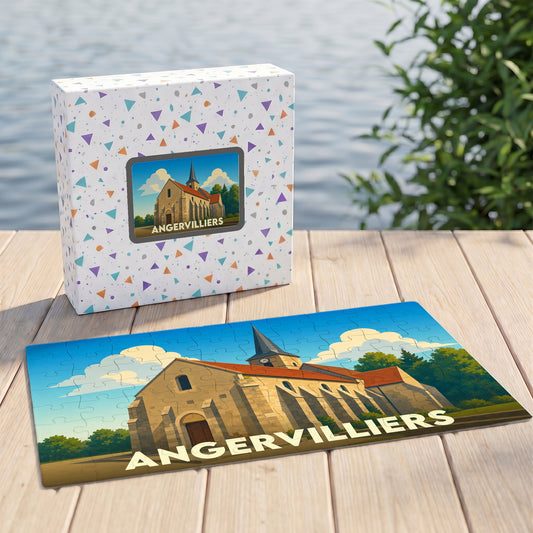Puzzle souvenir de la ville d'Angervilliers avec une illustration stylisée d'une église sur sa boîte assortie.