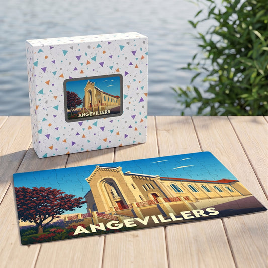Puzzle souvenir de la ville d'Angevillers représentant une église dans un style illustré.