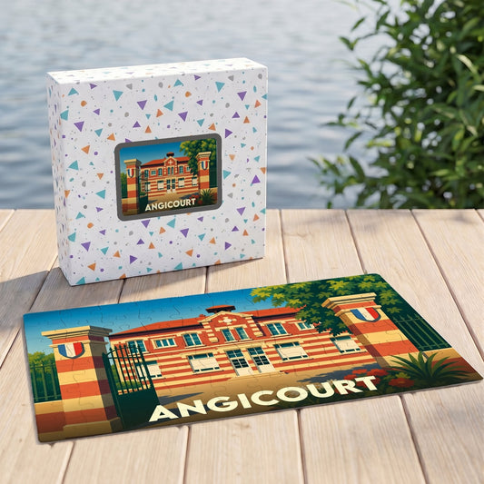 Puzzle souvenir de la ville d'Angicourt avec une illustration stylisée d'un bâtiment historique et sa boîte assortie.