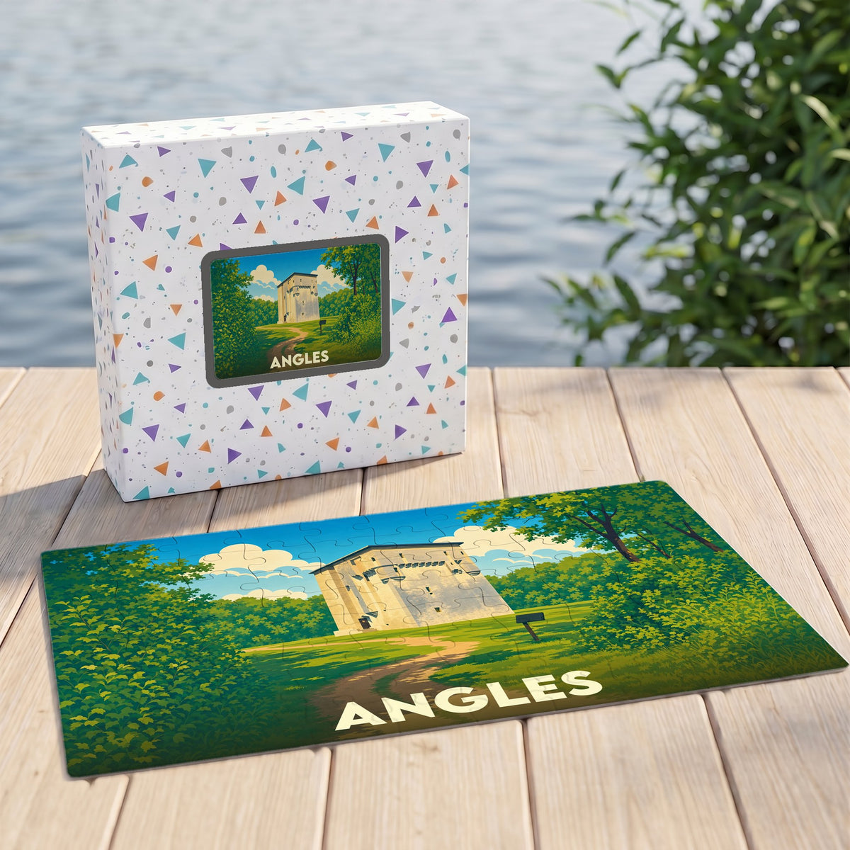 Puzzle souvenir de la ville de Angles avec une illustration stylisée d'un château en pleine nature.