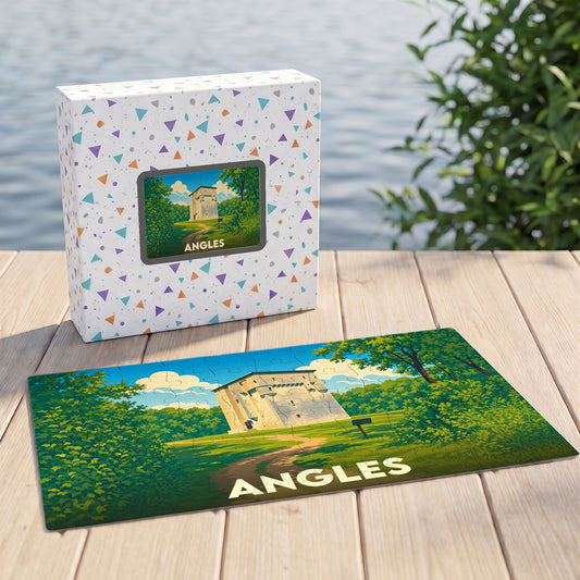 Puzzle souvenir de la ville de Angles avec une illustration stylisée d'un château en pleine nature.