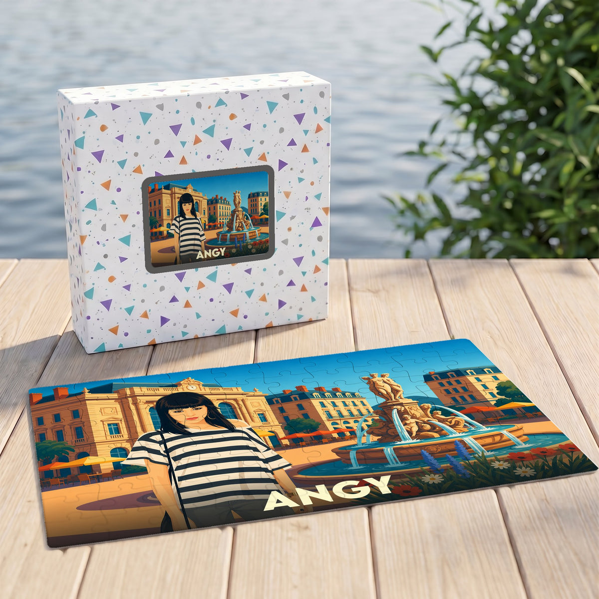 Puzzle souvenir de la ville de Angy avec une illustration stylisée.