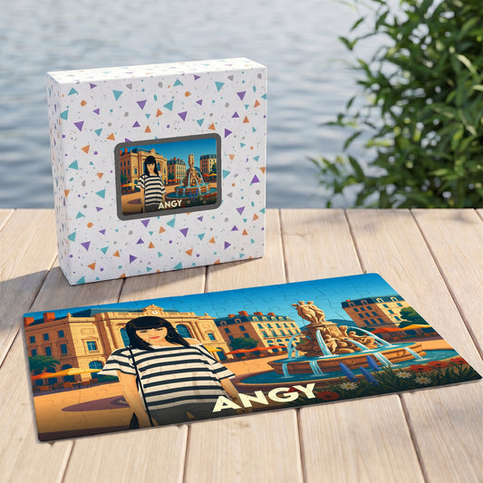 Puzzle souvenir de la ville de Angy avec une illustration stylisée.