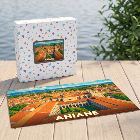 Puzzle souvenir de la ville d'Aniane avec une illustration panoramique stylisée.