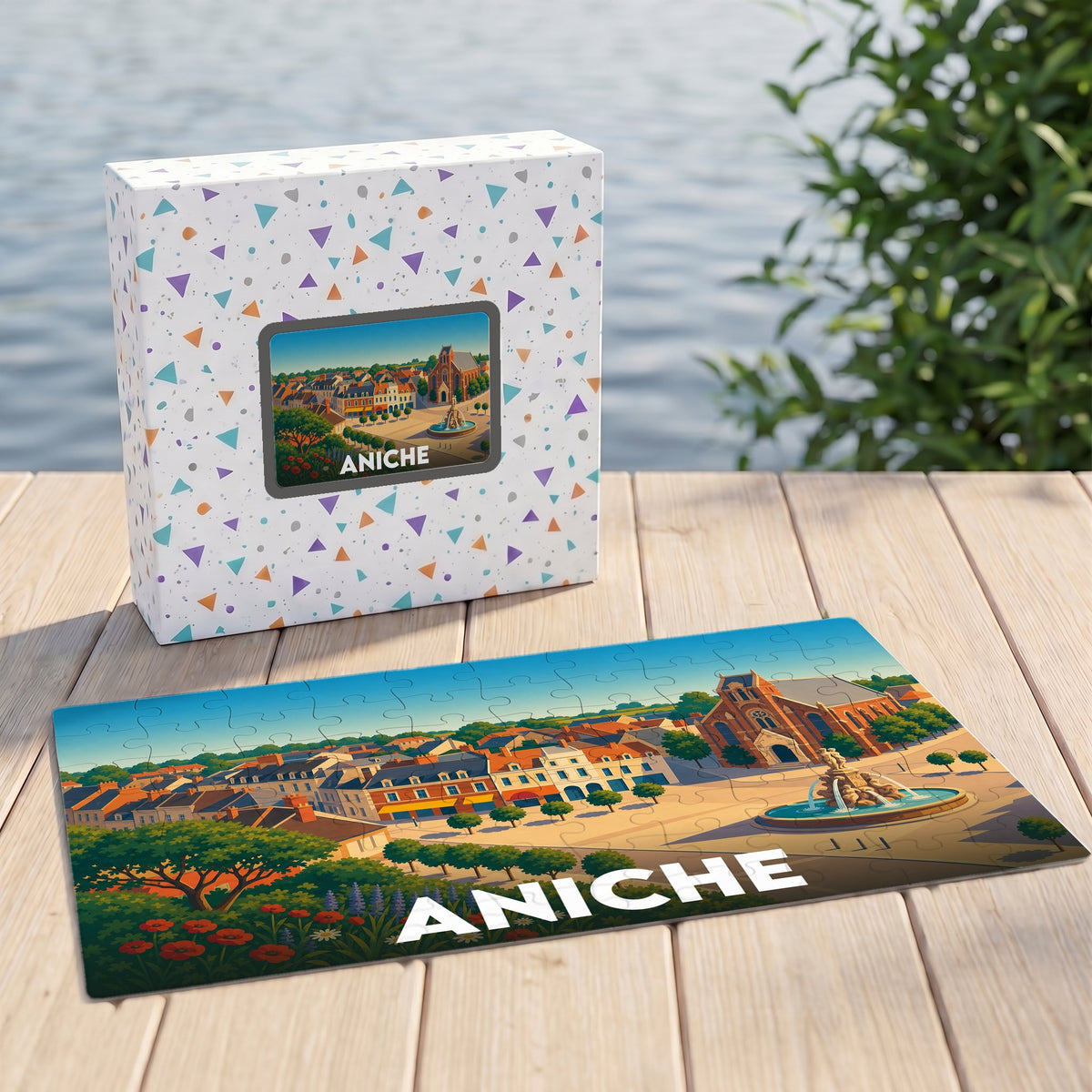 Puzzle souvenir de la ville d'Aniche avec une illustration stylisée et colorée.