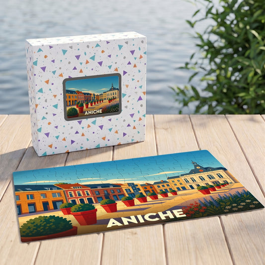 Puzzle souvenir de la ville d'Aniche avec une illustration stylisée et colorée de sa place principale.