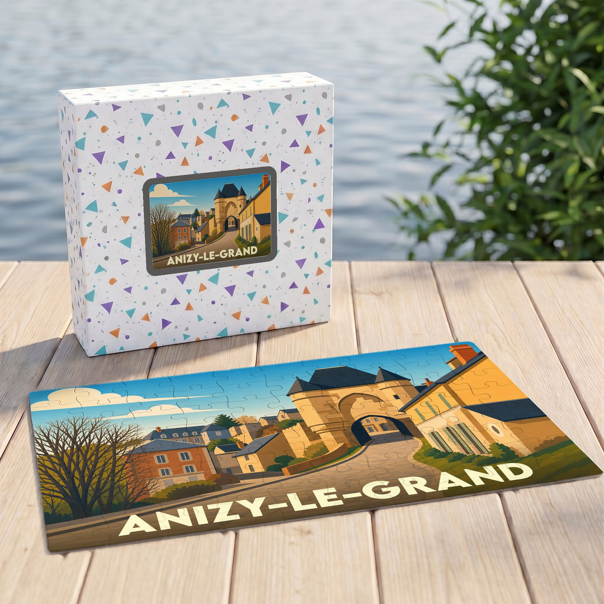 Puzzle souvenir de la ville d'Anizy-le-Grand avec une illustration stylisée et sa boîte assortie.