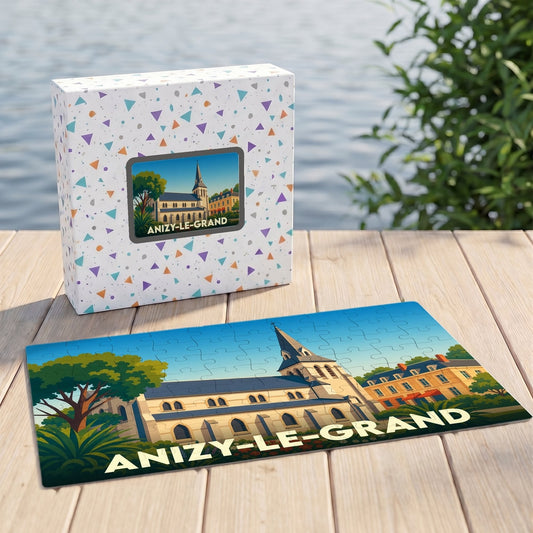 Puzzle souvenir de la ville de Anizy-le-Grand avec son illustration stylisée et sa boîte assortie.