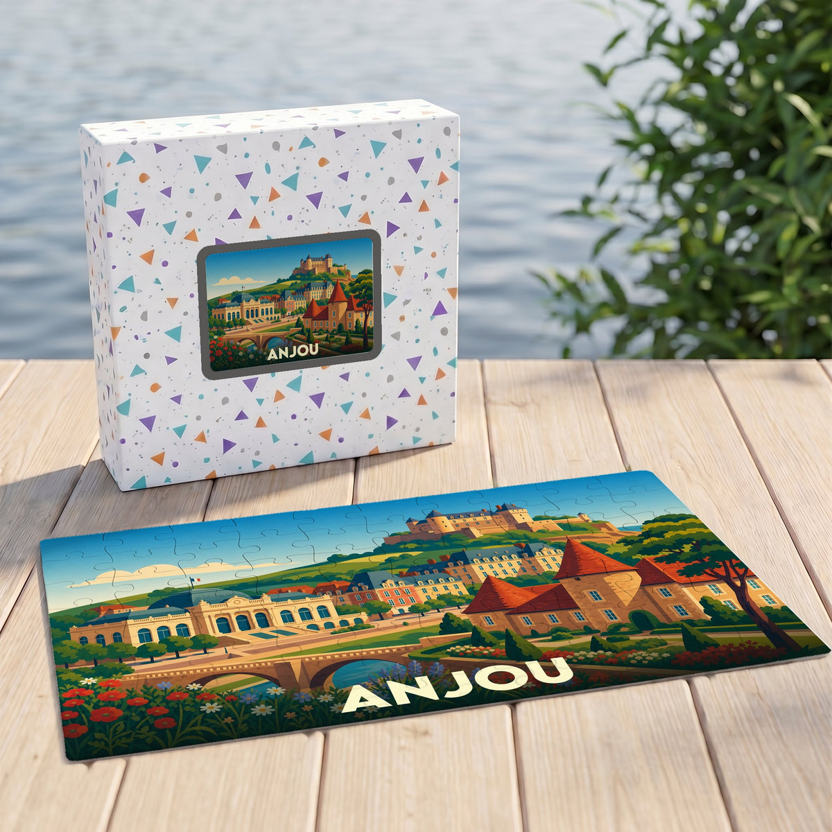 Puzzle souvenir de la ville d'Anjou avec une illustration stylisée et colorée.