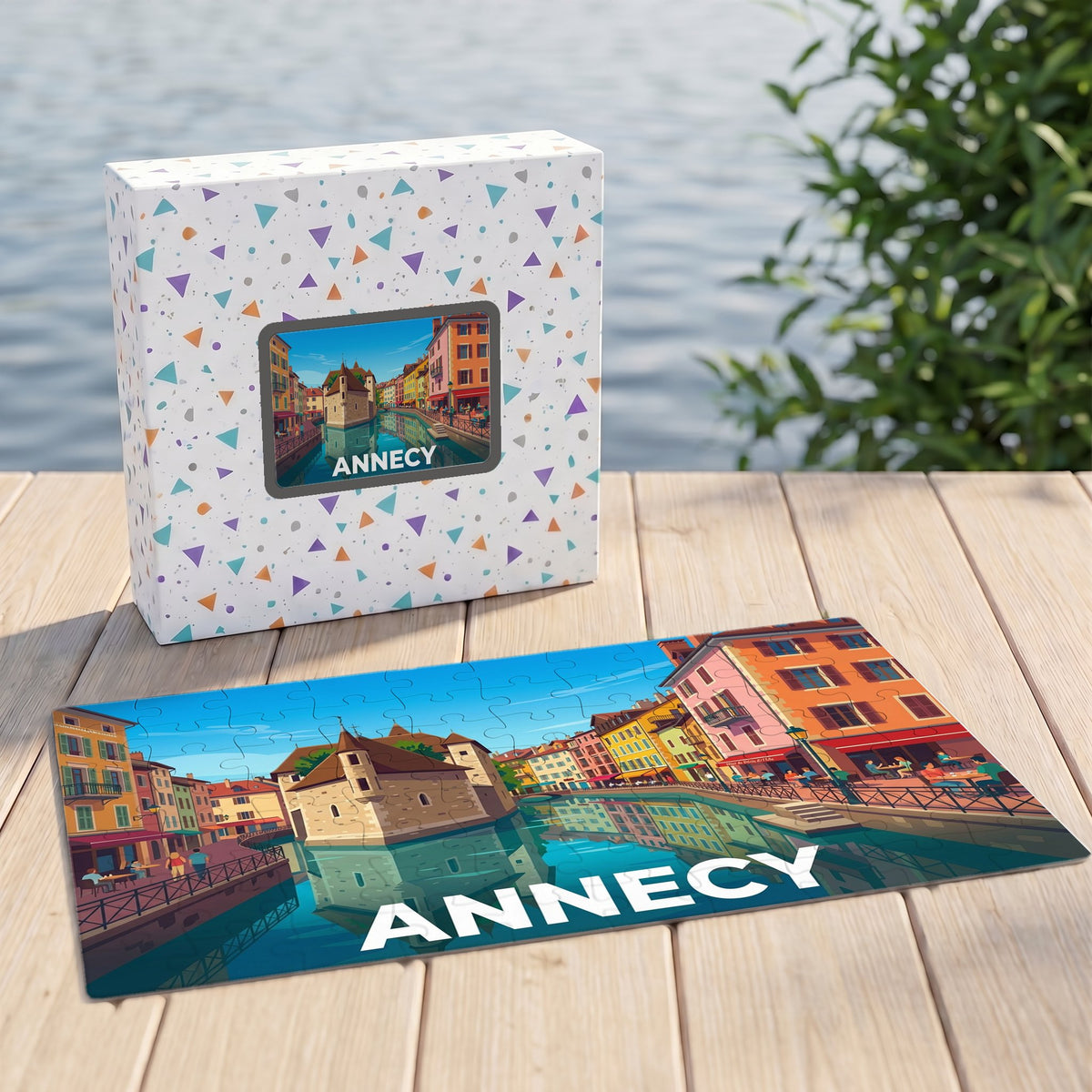 Puzzle souvenir de la ville d'Annecy avec son illustration stylisée du Palais de l'Isle.