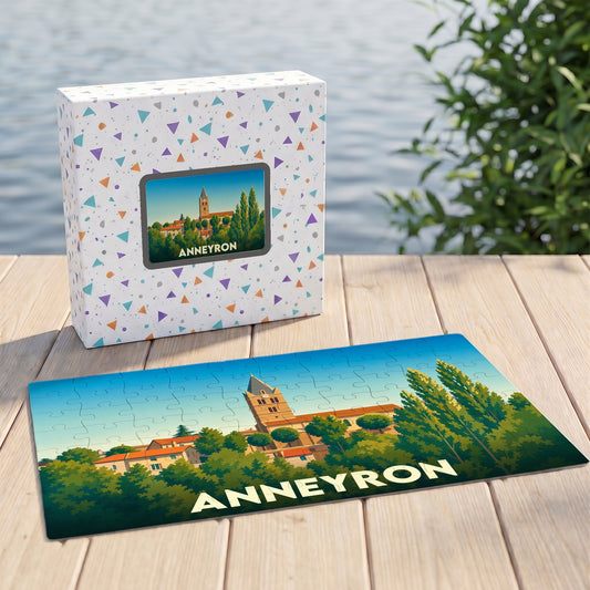 Puzzle souvenir de la ville d'Anneyron avec une illustration stylisée de son église et de ses paysages.