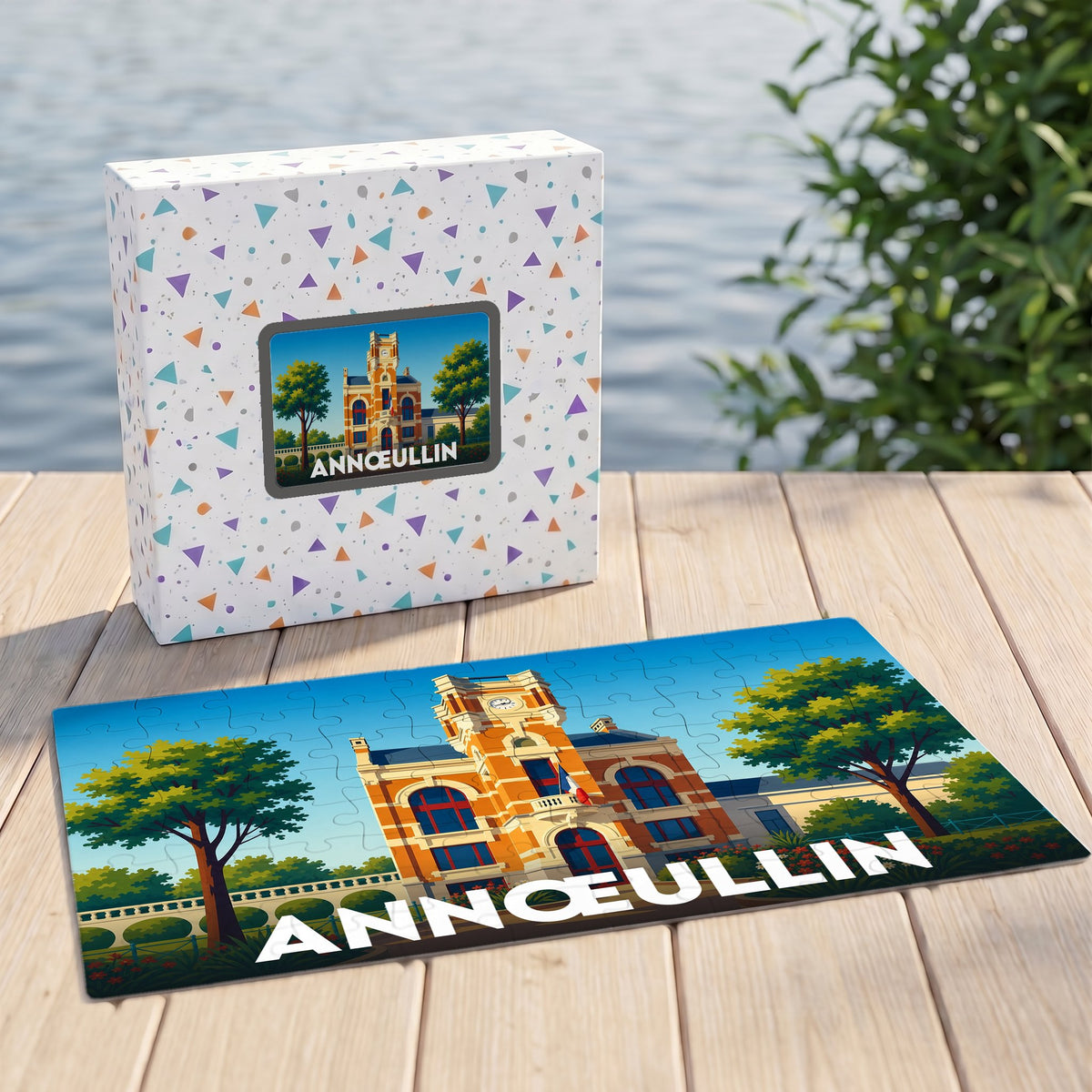 Puzzle souvenir de la ville d'Annœullin illustrant son hôtel de ville dans un style coloré.