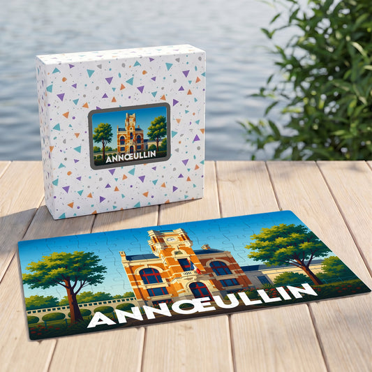 Puzzle souvenir de la ville d'Annœullin illustrant son hôtel de ville dans un style coloré.