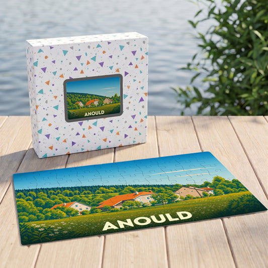 Puzzle souvenir de la ville de Anould avec une illustration stylisée de son paysage.