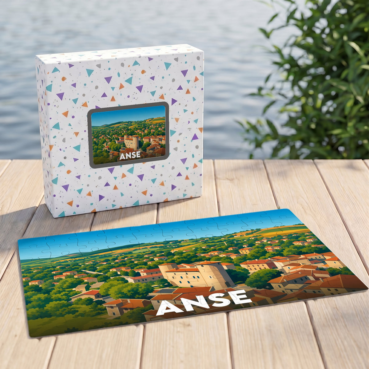 Puzzle souvenir de la ville d'Anse avec une illustration stylisée et colorée.