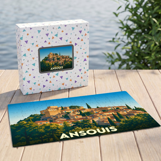 Puzzle souvenir de la ville d'Ansouis représentant une vue panoramique du village perché.