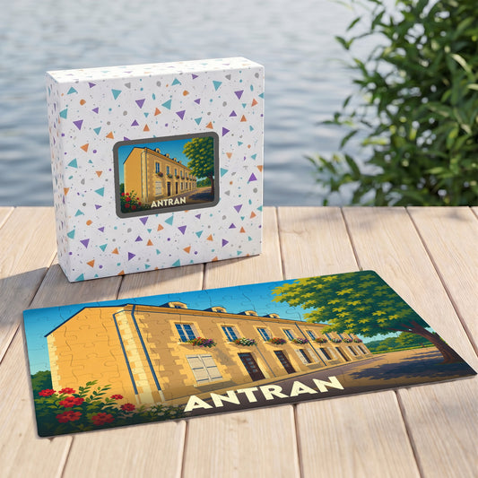 Puzzle souvenir de la ville d'Antran avec une illustration colorée d'un bâtiment traditionnel.