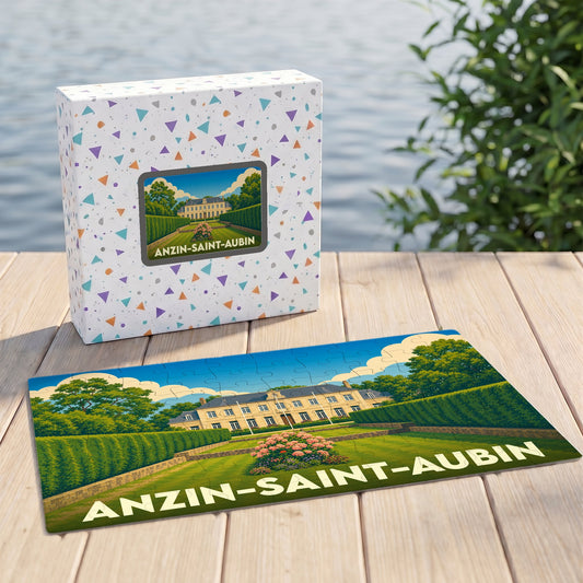 Puzzle souvenir de la ville d'Anzin-Saint-Aubin illustré par un manoir entouré de jardins.