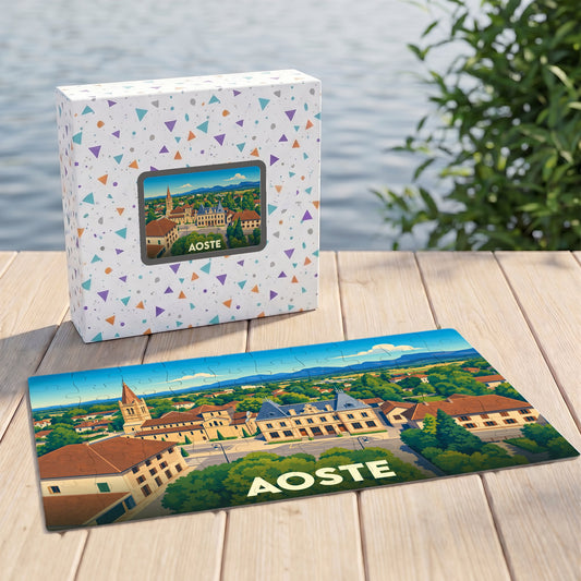 Puzzle souvenir de la ville d'Aoste avec une illustration stylisée et colorée.