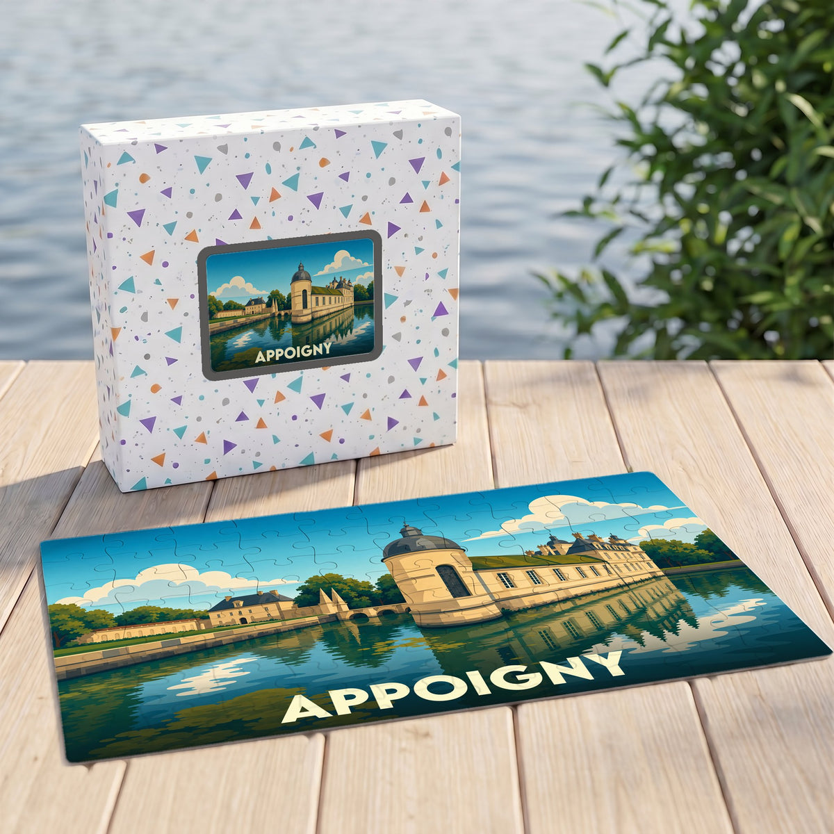 Puzzle souvenir de la ville d'Appoigny avec une illustration stylisée d'un château au bord de l'eau.