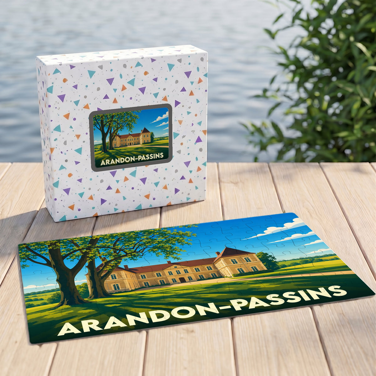 Puzzle souvenir de la ville d'Arandon-Passins avec une illustration stylisée d'un château.