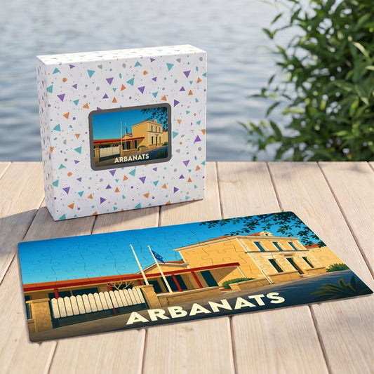 Puzzle souvenir de la ville de Arbanats avec une illustration stylisée de son architecture locale.
