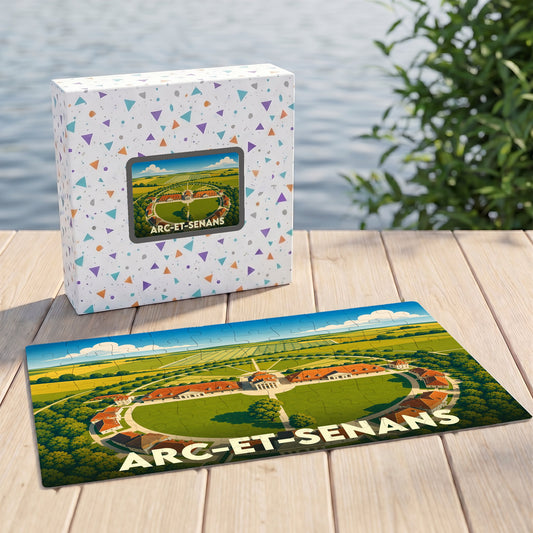 Puzzle souvenir de la ville d'Arc-et-Senans illustrant la Saline royale dans un style graphique épuré.