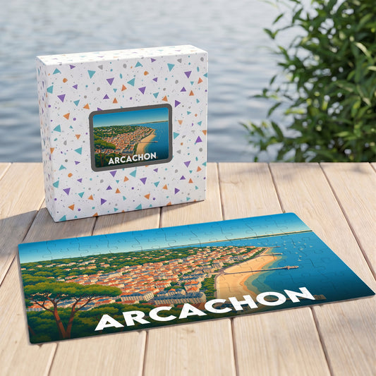 Puzzle souvenir de la ville d'Arcachon présentant une vue aérienne illustrée du front de mer et du bassin.