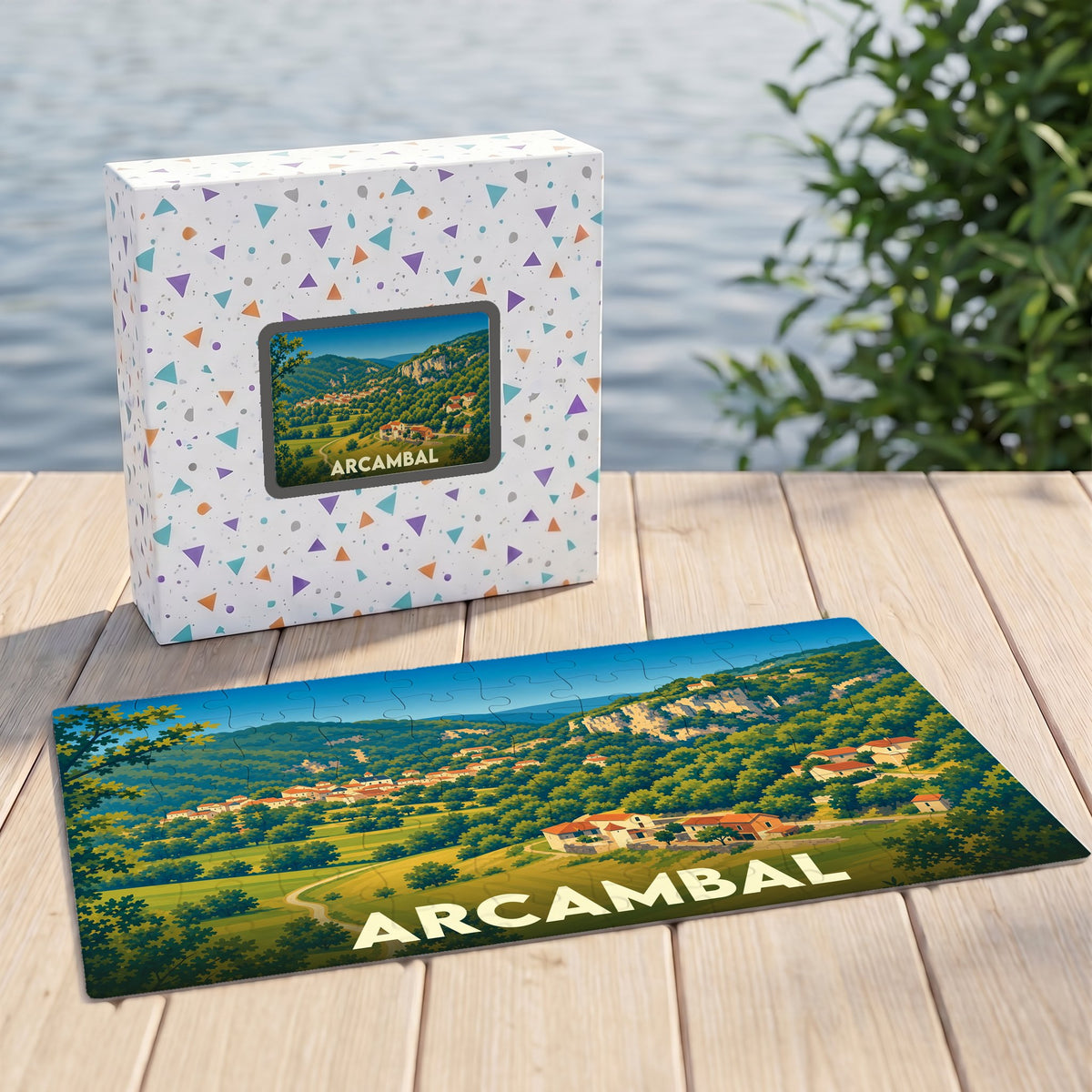 Puzzle souvenir de la ville de Arcambal avec une illustration de son paysage vallonné.